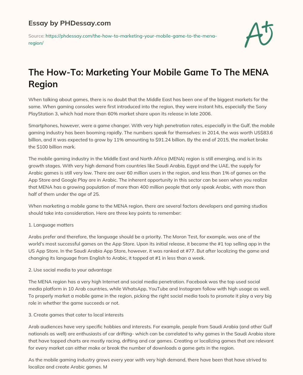 The How-To: Marketing Your Mobile Game To The MENA Region essay