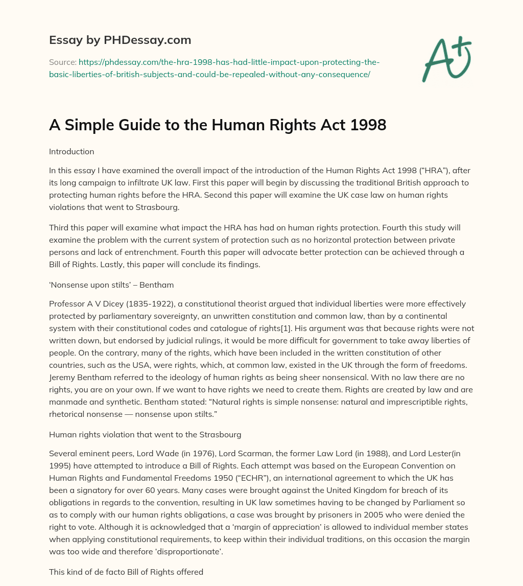 A Simple Guide to the Human Rights Act 1998 essay