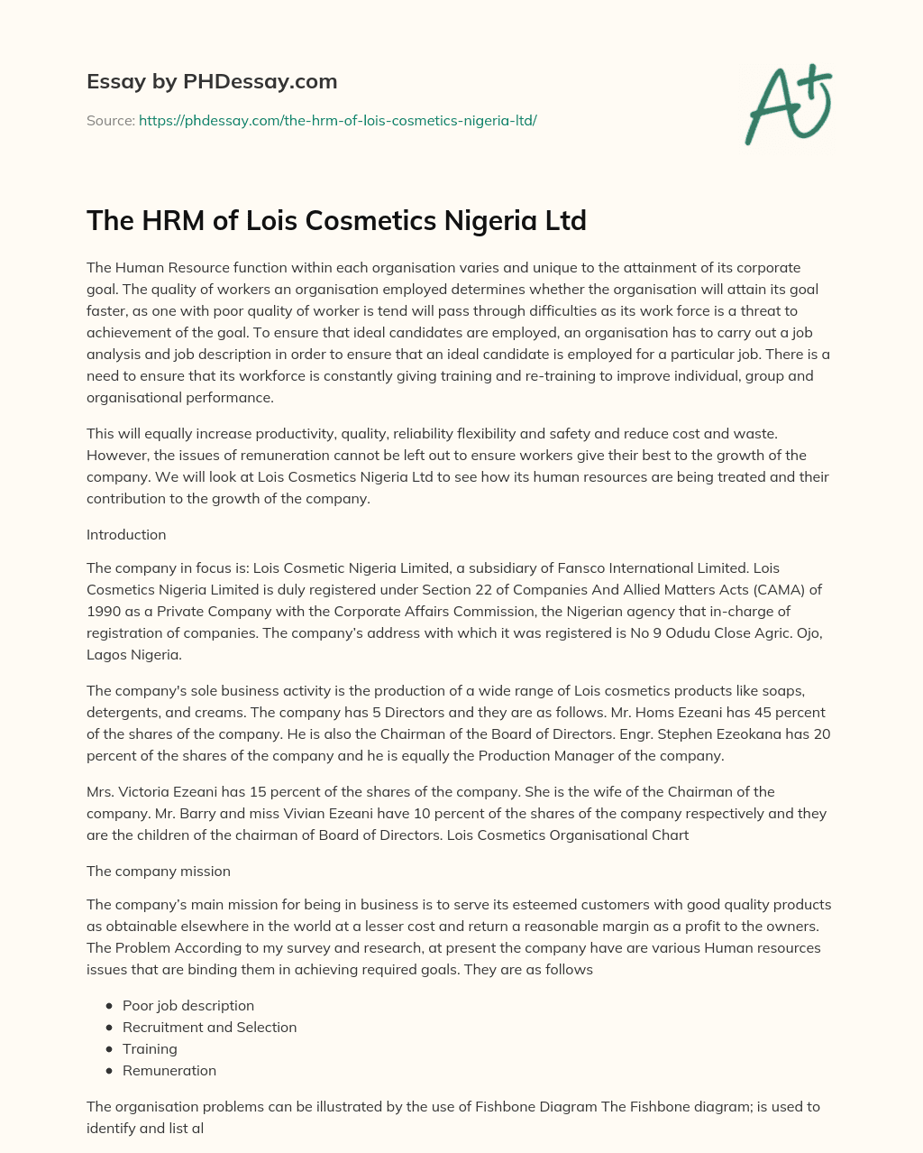 The HRM of Lois Cosmetics Nigeria Ltd essay