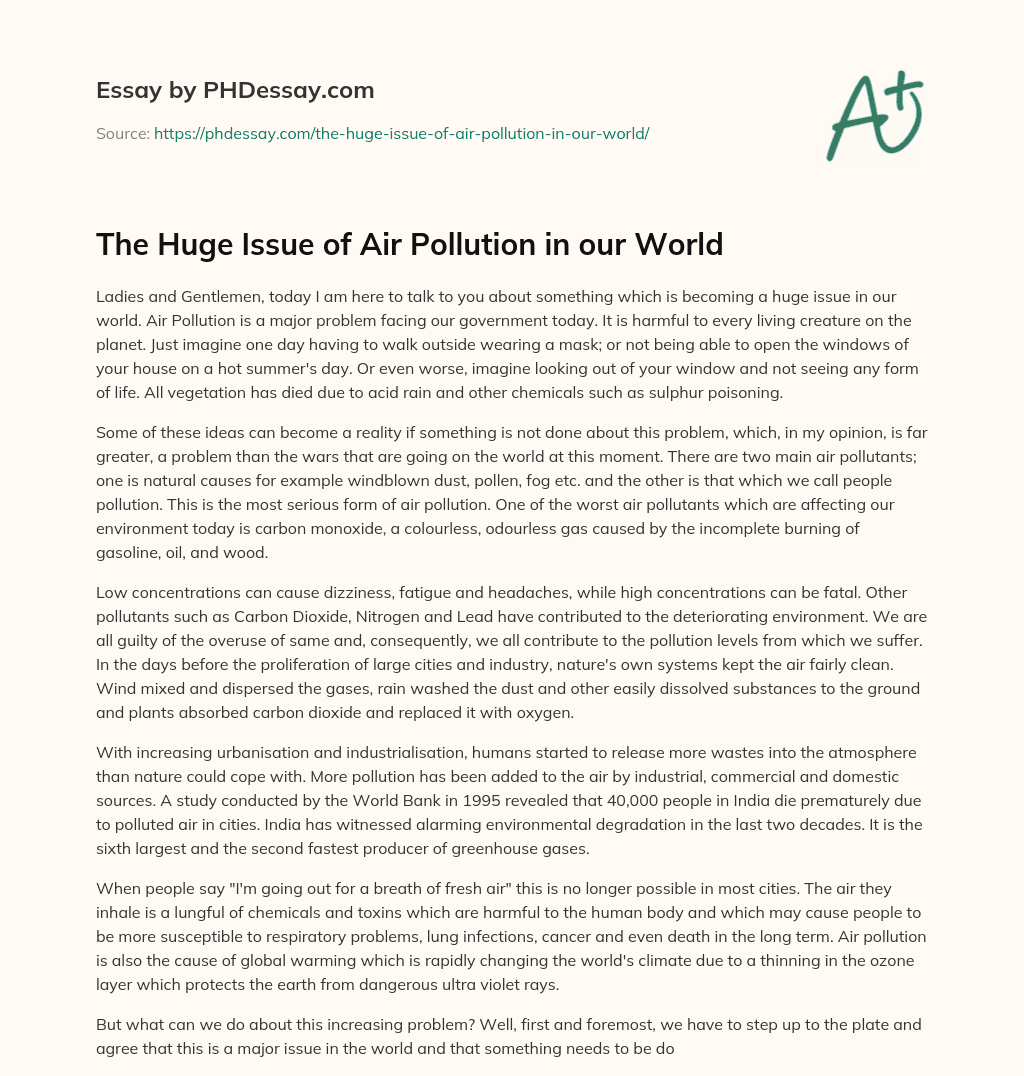 The Huge Issue of Air Pollution in our World essay
