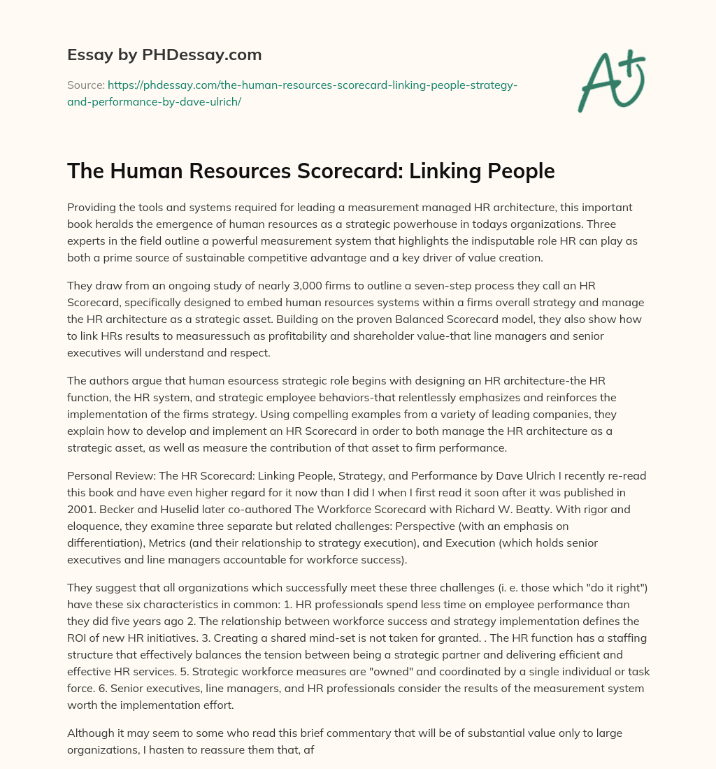 The Human Resources Scorecard: Linking People essay