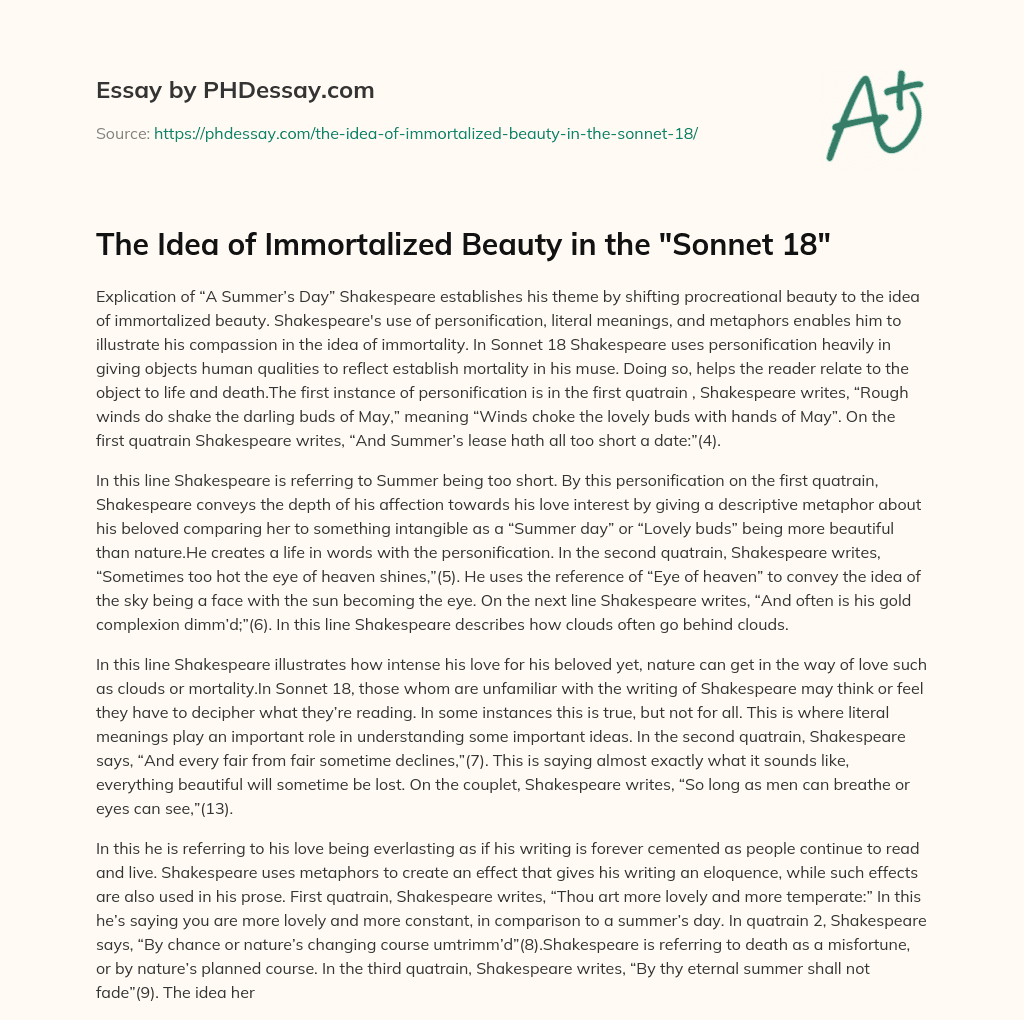 The Idea of Immortalized Beauty in the “Sonnet 18” essay