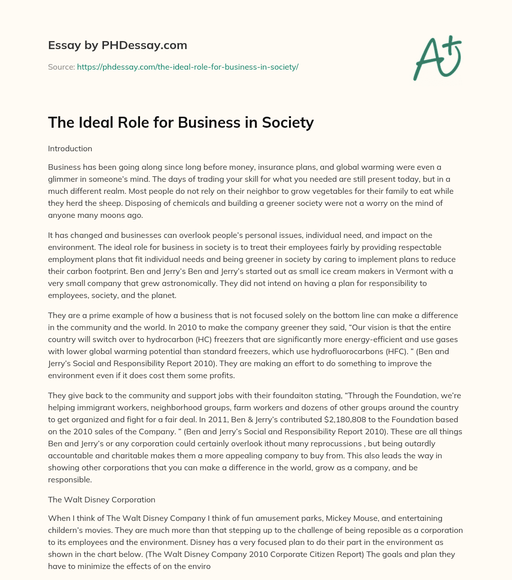 The Ideal Role for Business in Society essay