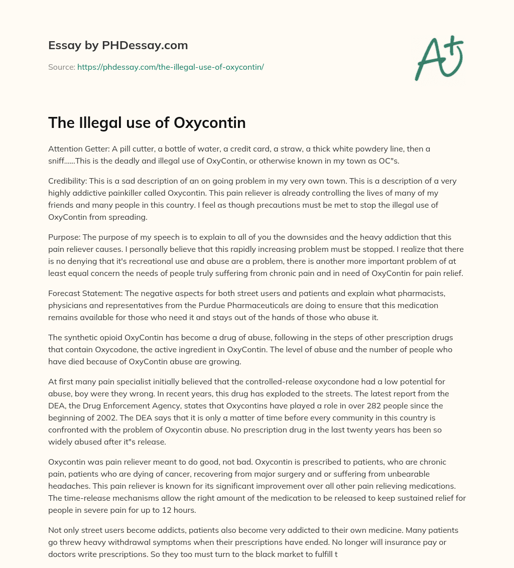 The Illegal use of Oxycontin essay