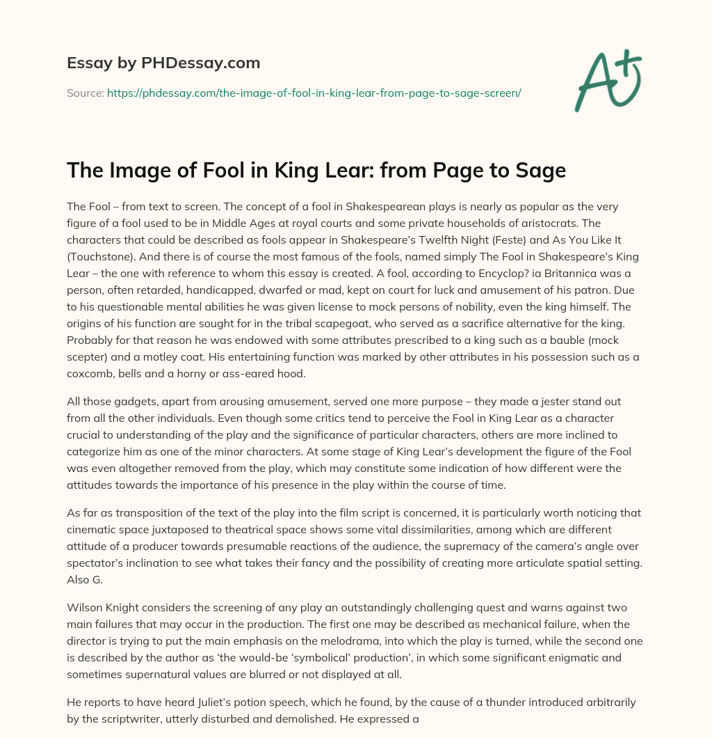 The Image of Fool in King Lear: from Page to Sage essay