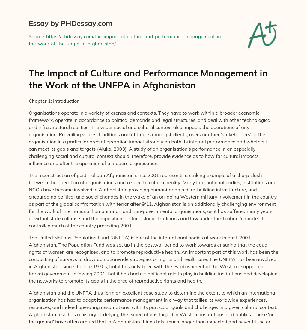 The Impact of Culture and Performance Management in the Work of the UNFPA in Afghanistan essay