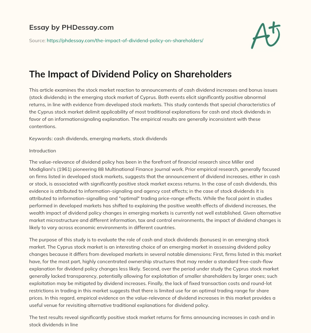 The Impact of Dividend Policy on Shareholders essay
