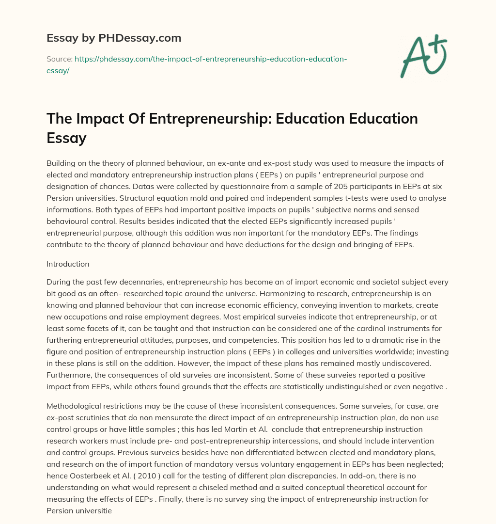 The Impact Of Entrepreneurship: Education Education Essay essay