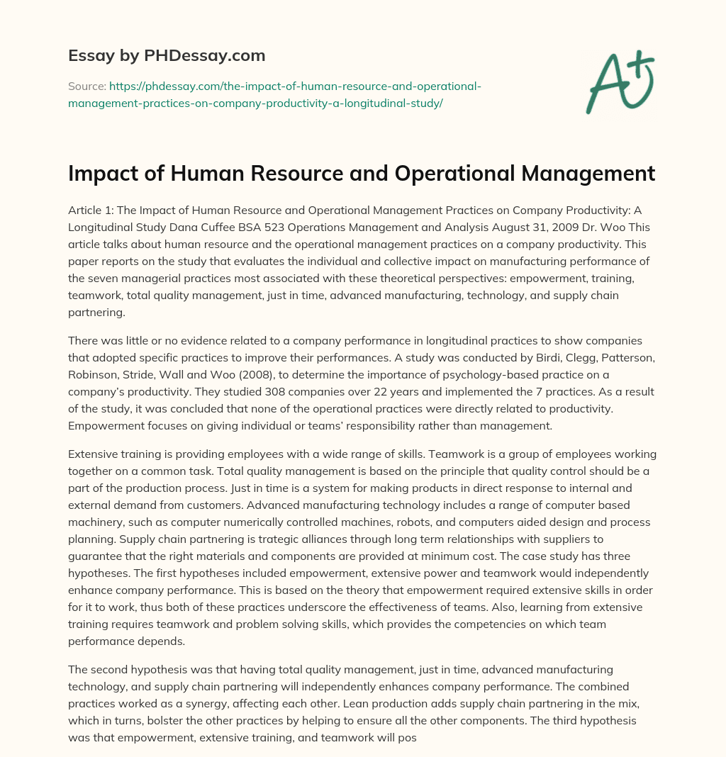 Impact of Human Resource and Operational Management essay