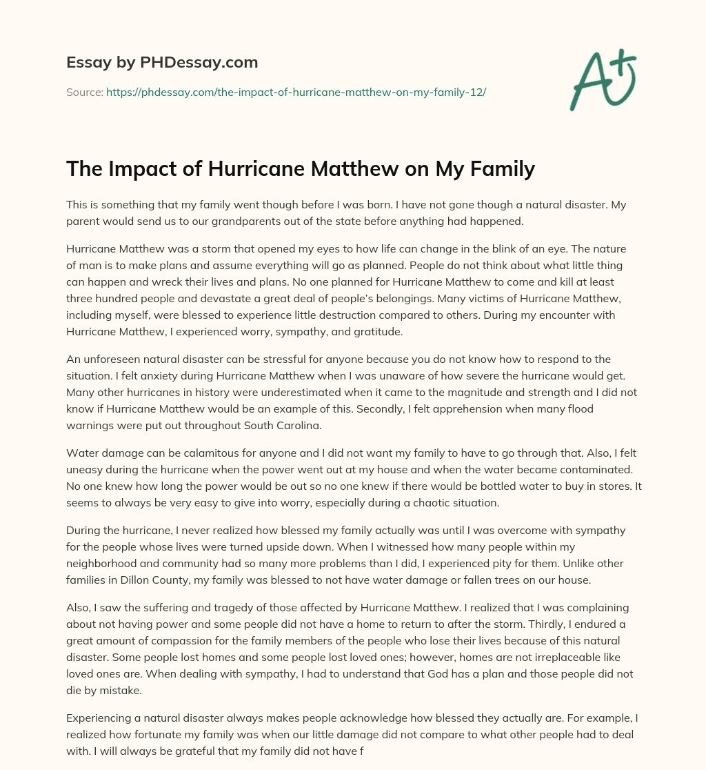 The Impact of Hurricane Matthew on My Family essay