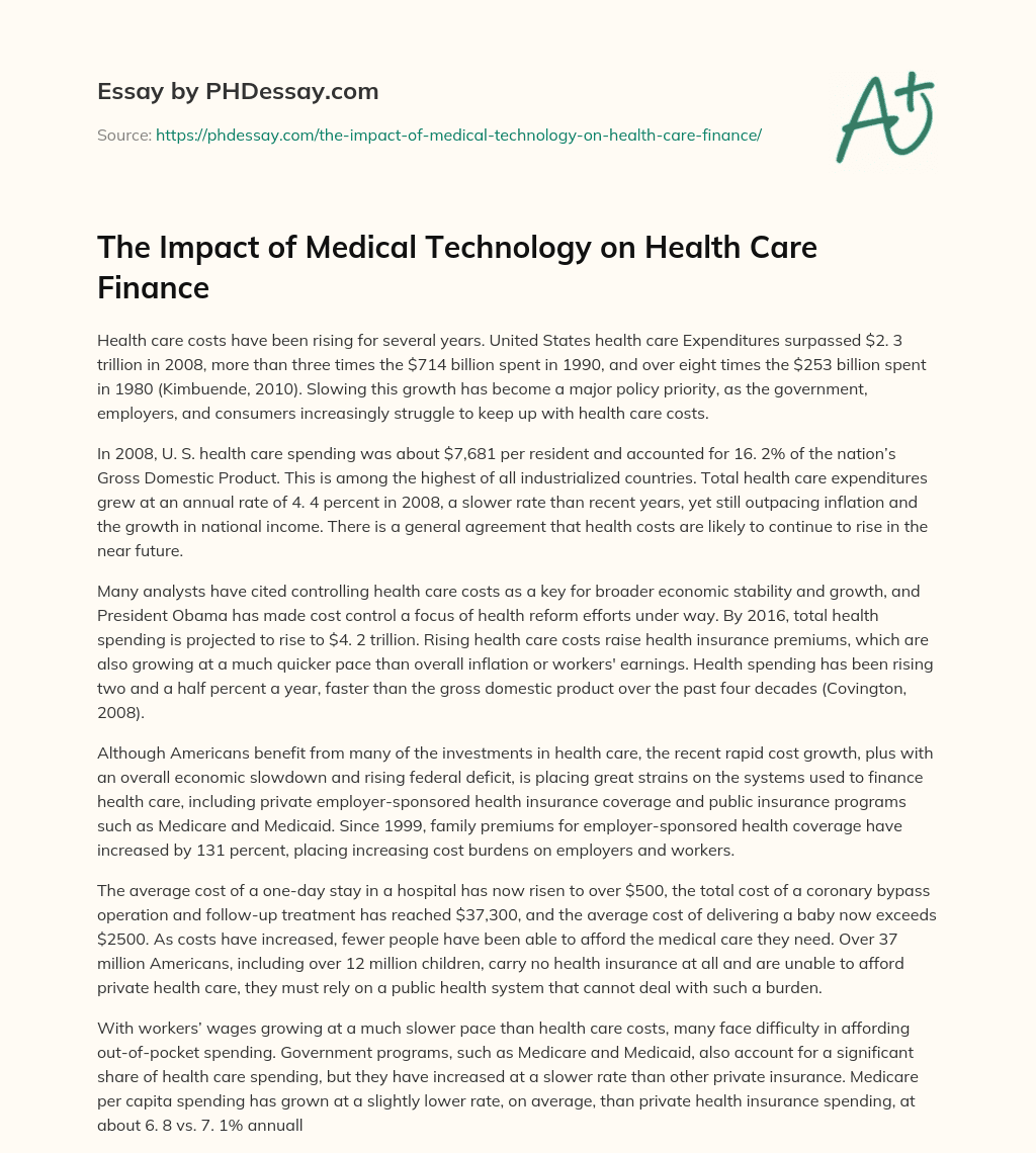 The Impact of Medical Technology on Health Care Finance essay