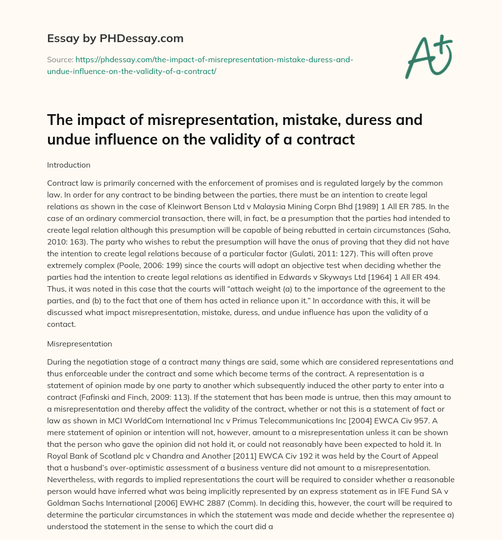 The impact of misrepresentation, mistake, duress and undue influence on the validity of a contract essay