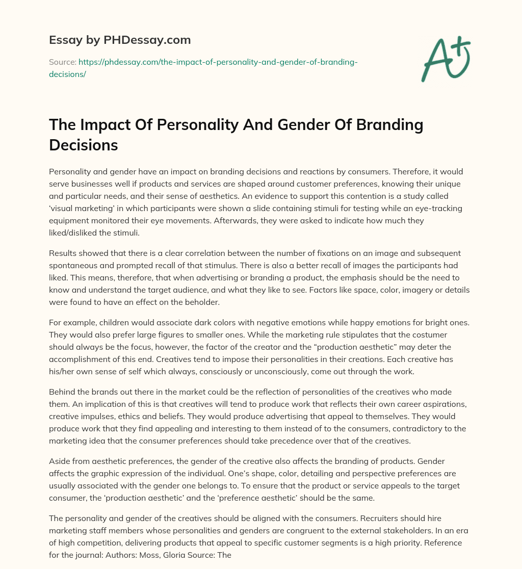 The Impact Of Personality And Gender Of Branding Decisions essay