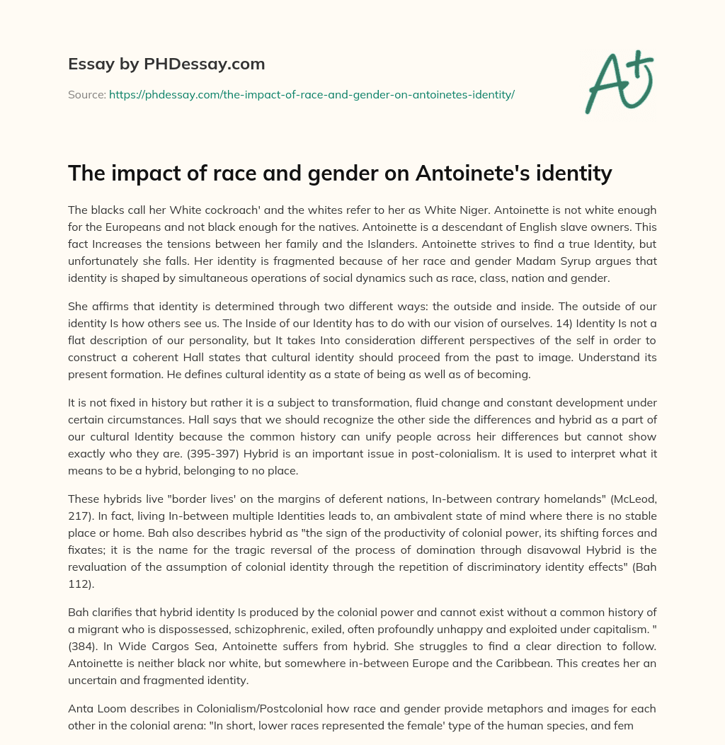The impact of race and gender on Antoinete’s identity essay