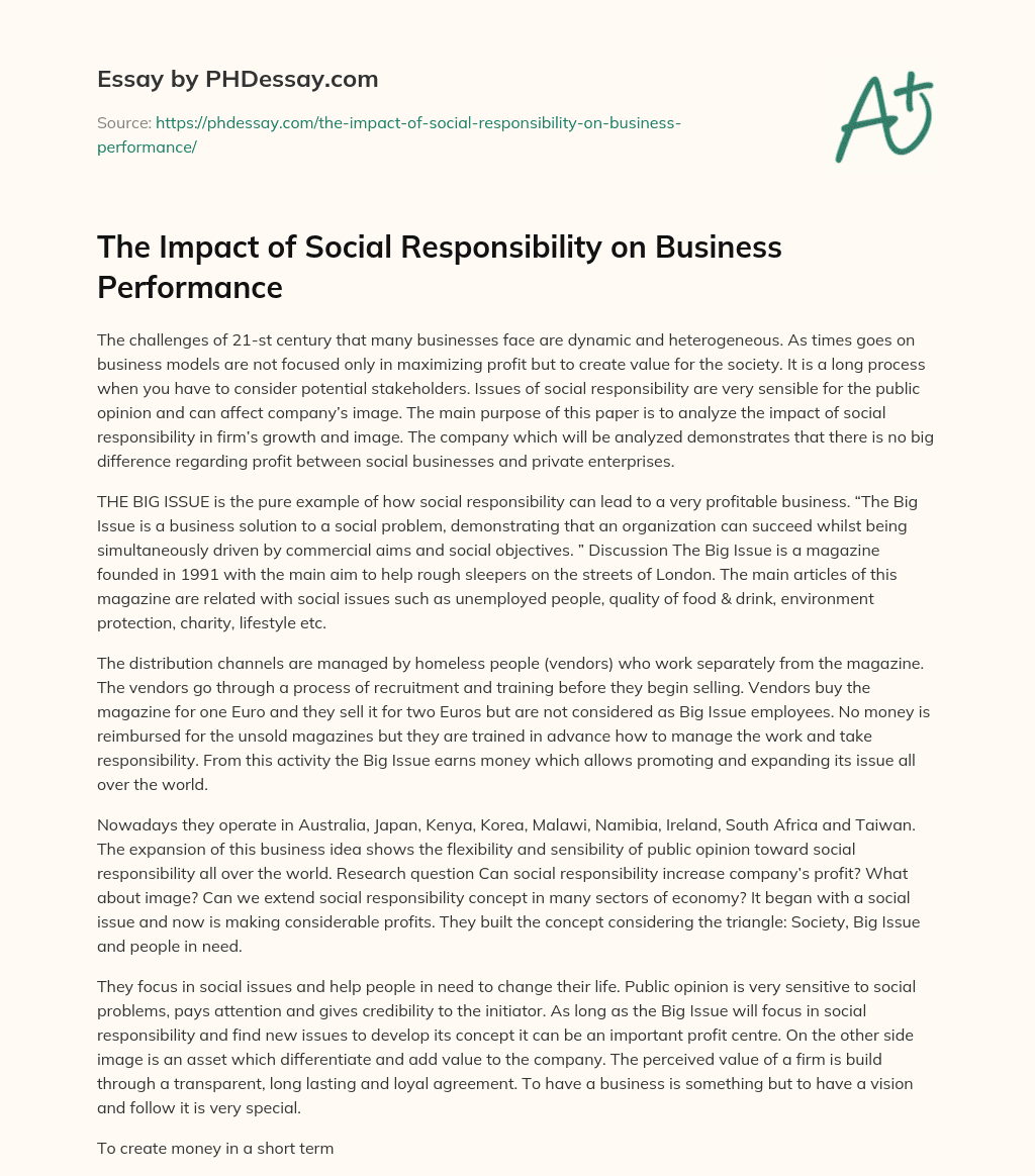 The Impact of Social Responsibility on Business Performance essay