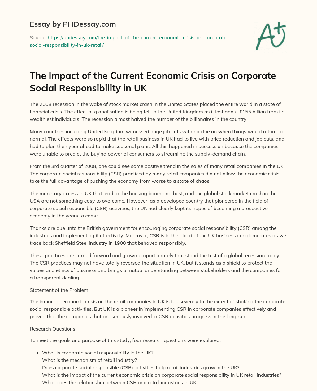 The Impact of the Current Economic Crisis on Corporate Social Responsibility in UK essay