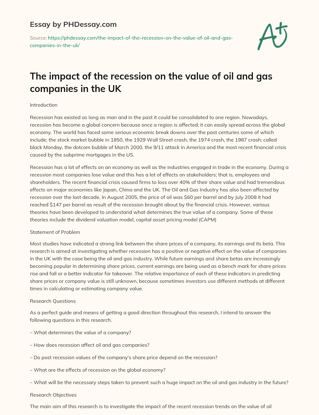 The impact of the recession on the value of oil and gas companies in the UK essay