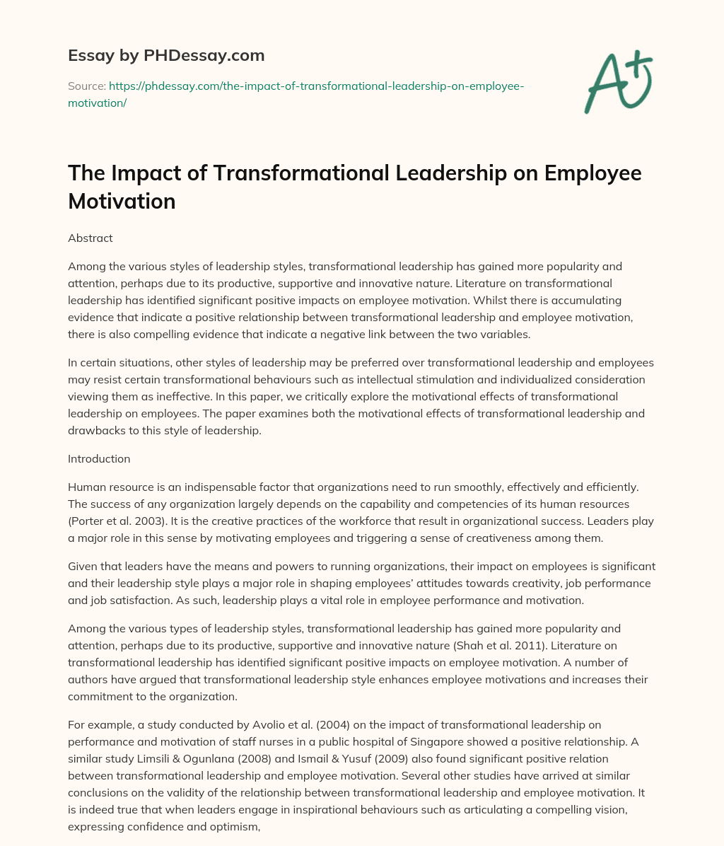 The Impact of Transformational Leadership on Employee Motivation essay