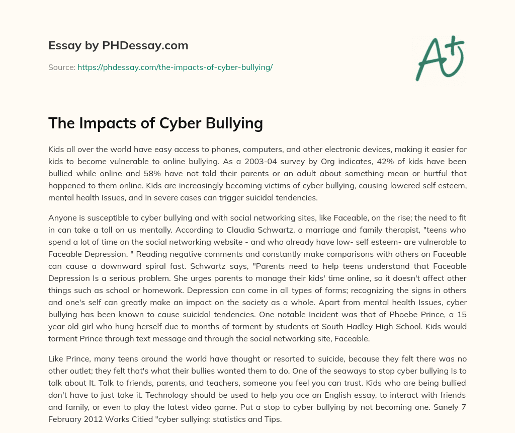 The Impacts of Cyber Bullying essay