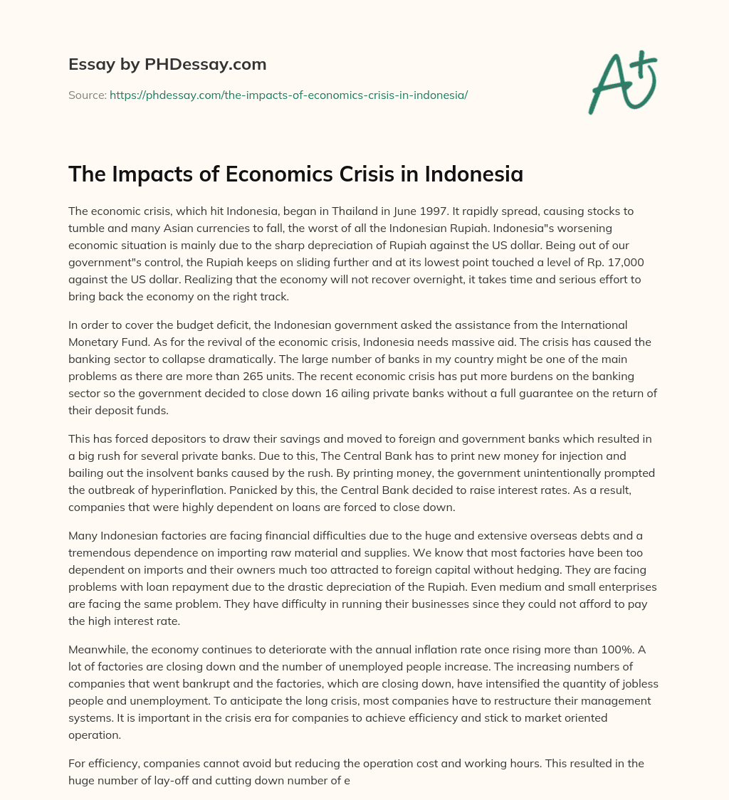 The Impacts of Economics Crisis in Indonesia essay