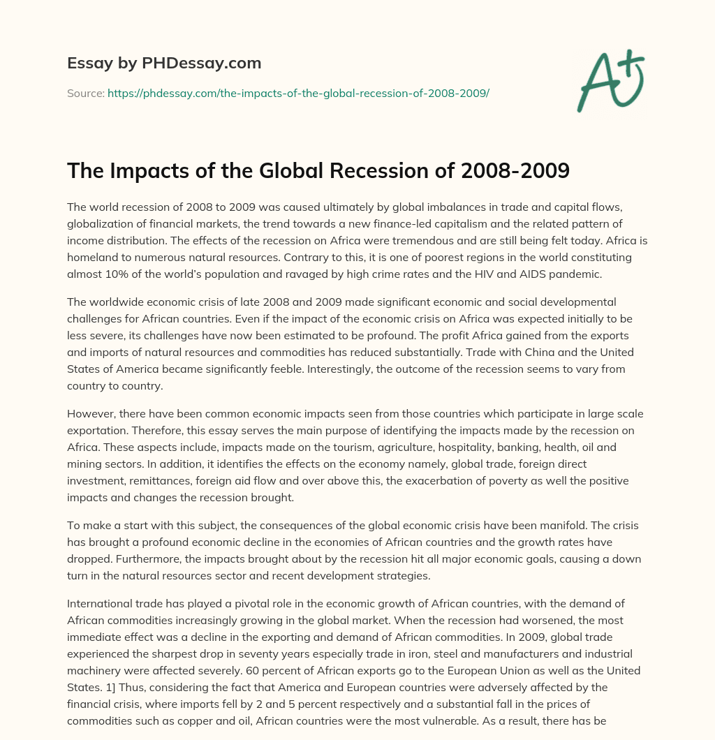The Impacts of the Global Recession of 2008-2009 essay