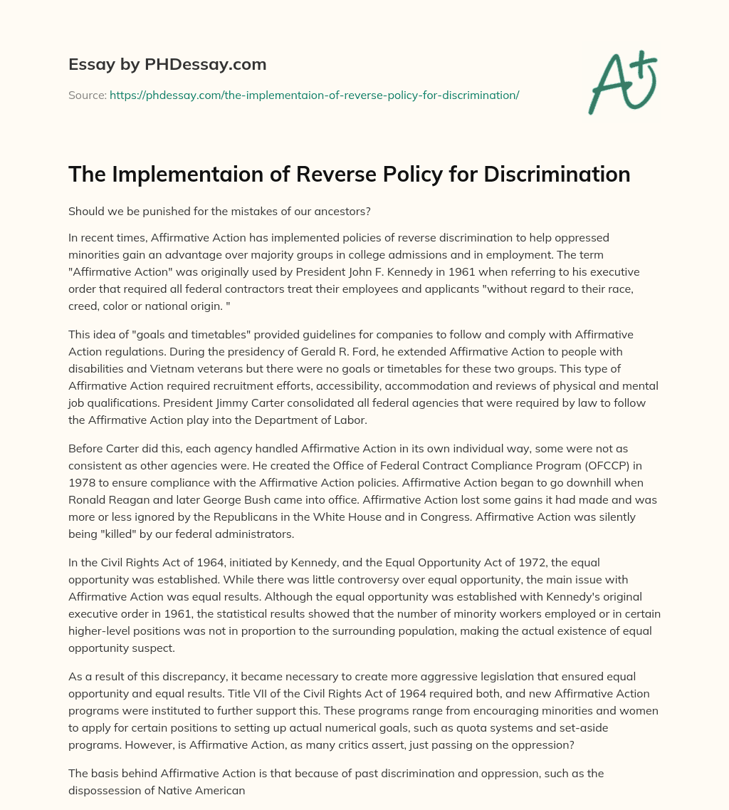 The Implementaion of Reverse Policy for Discrimination essay