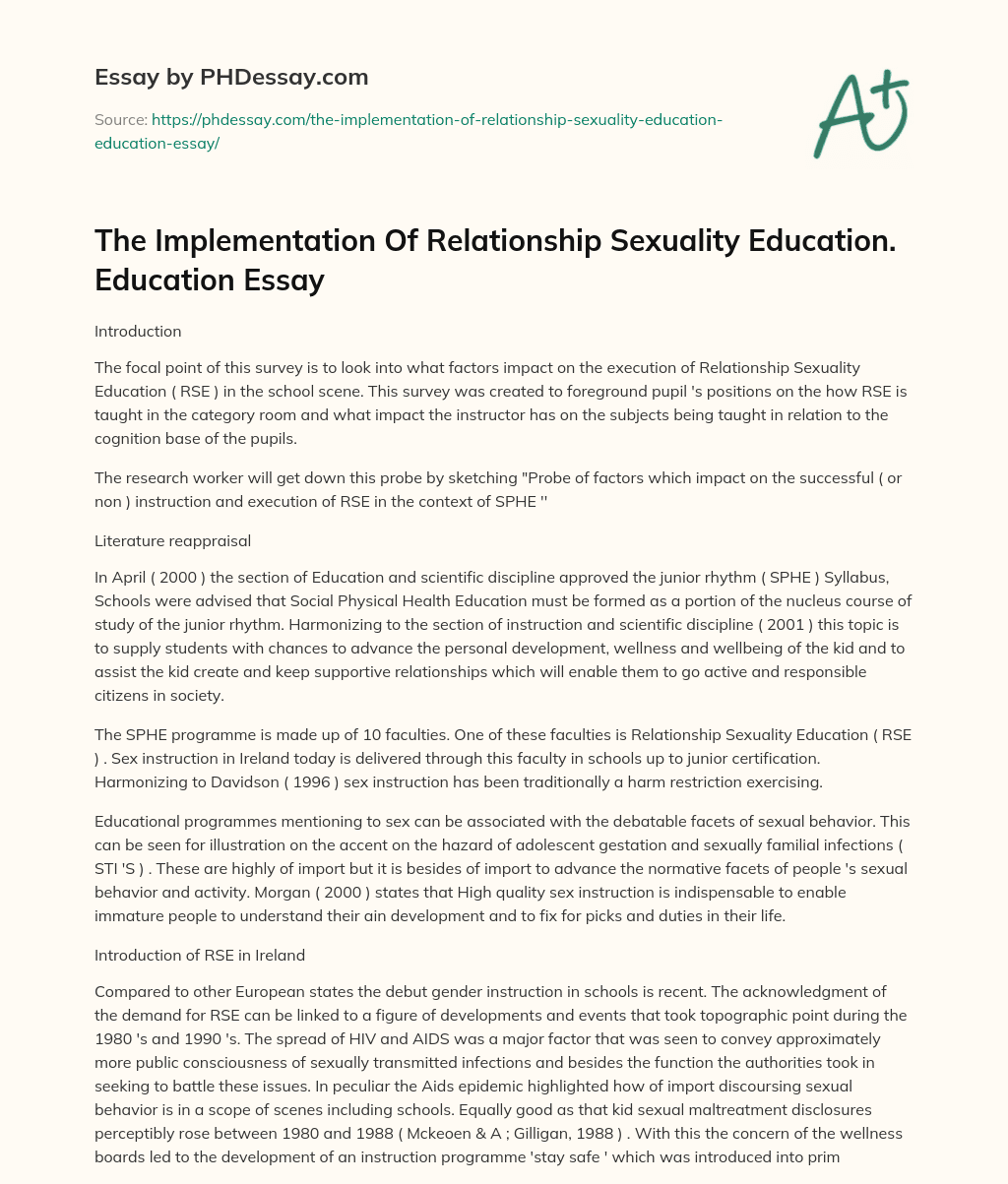 The Implementation Of Relationship Sexuality Education. Education Essay essay