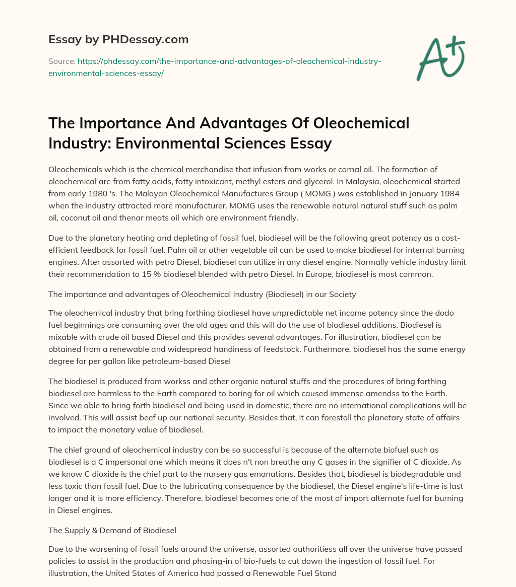 The Importance And Advantages Of Oleochemical Industry: Environmental Sciences Essay essay