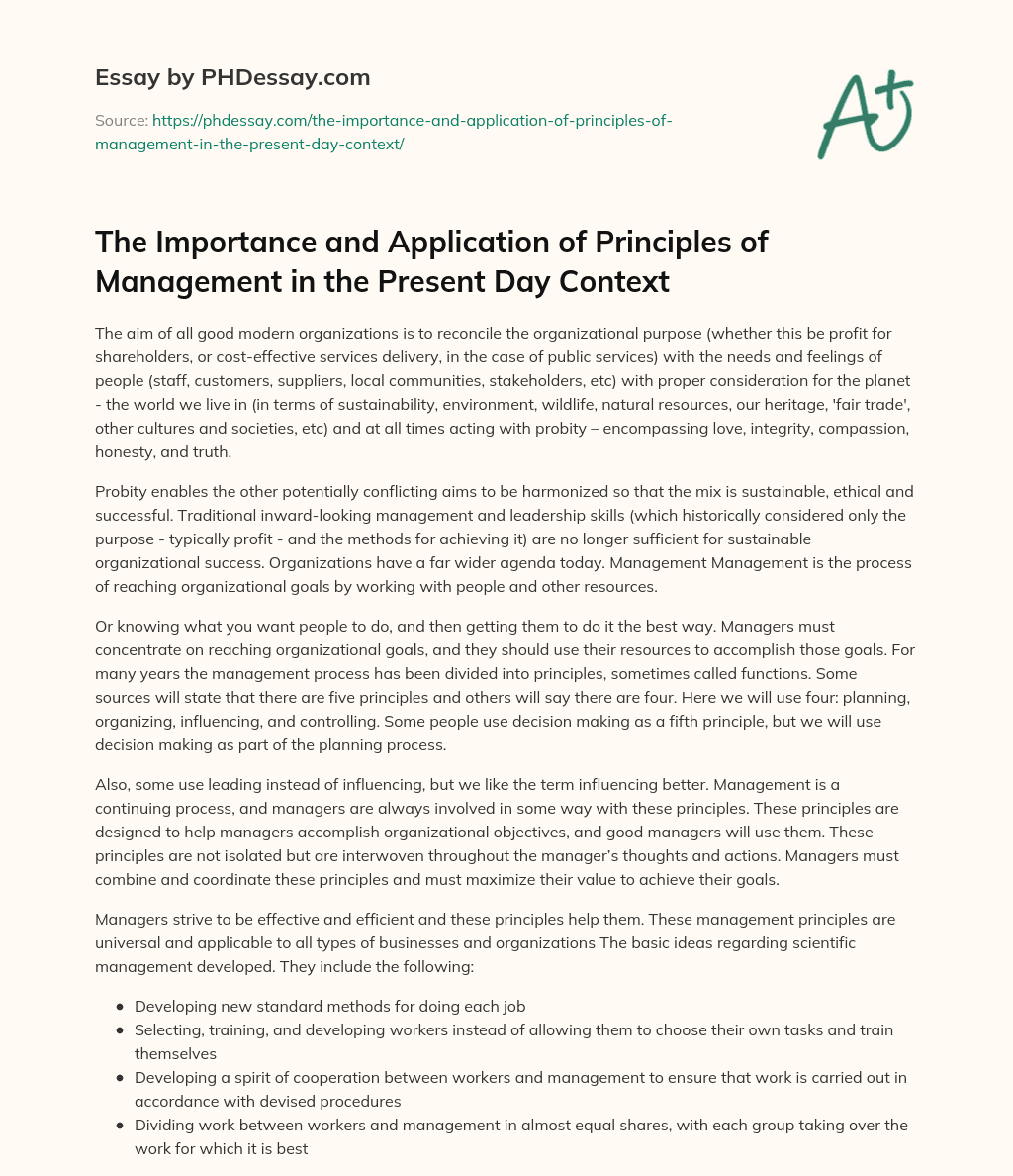 The Importance and Application of Principles of Management in the Present Day Context essay