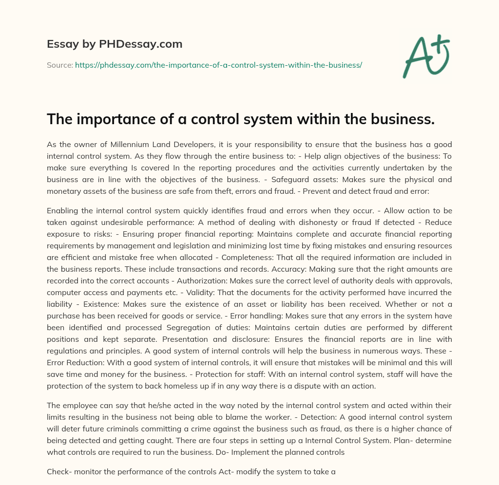 The importance of a control system within the business. essay