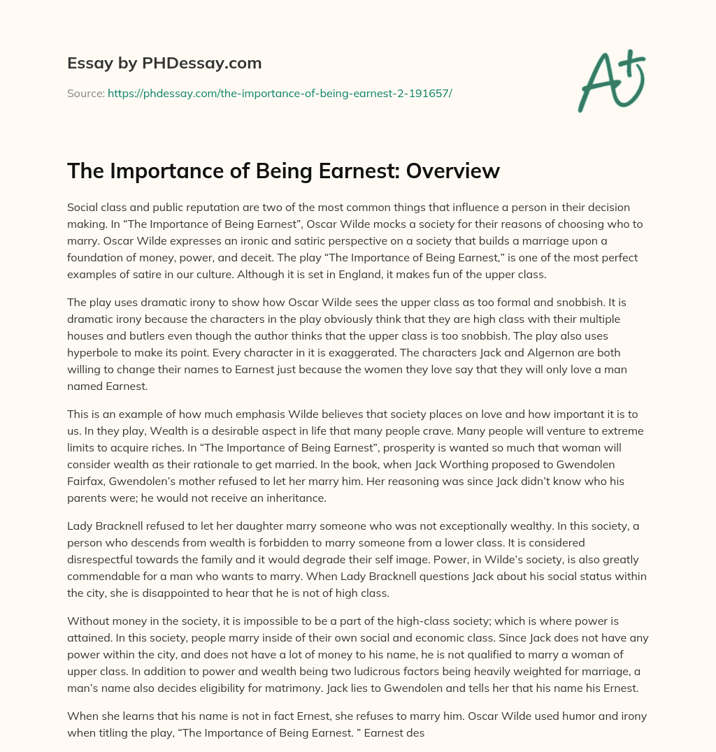 The Importance of Being Earnest: Overview essay