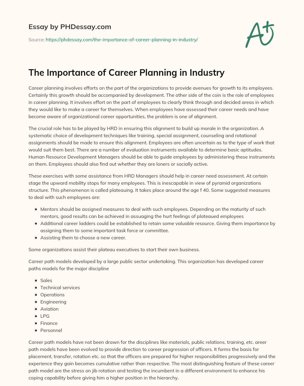 The Importance of Career Planning in Industry essay