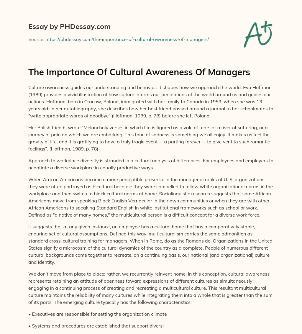 The Importance Of Cultural Awareness Of Managers essay