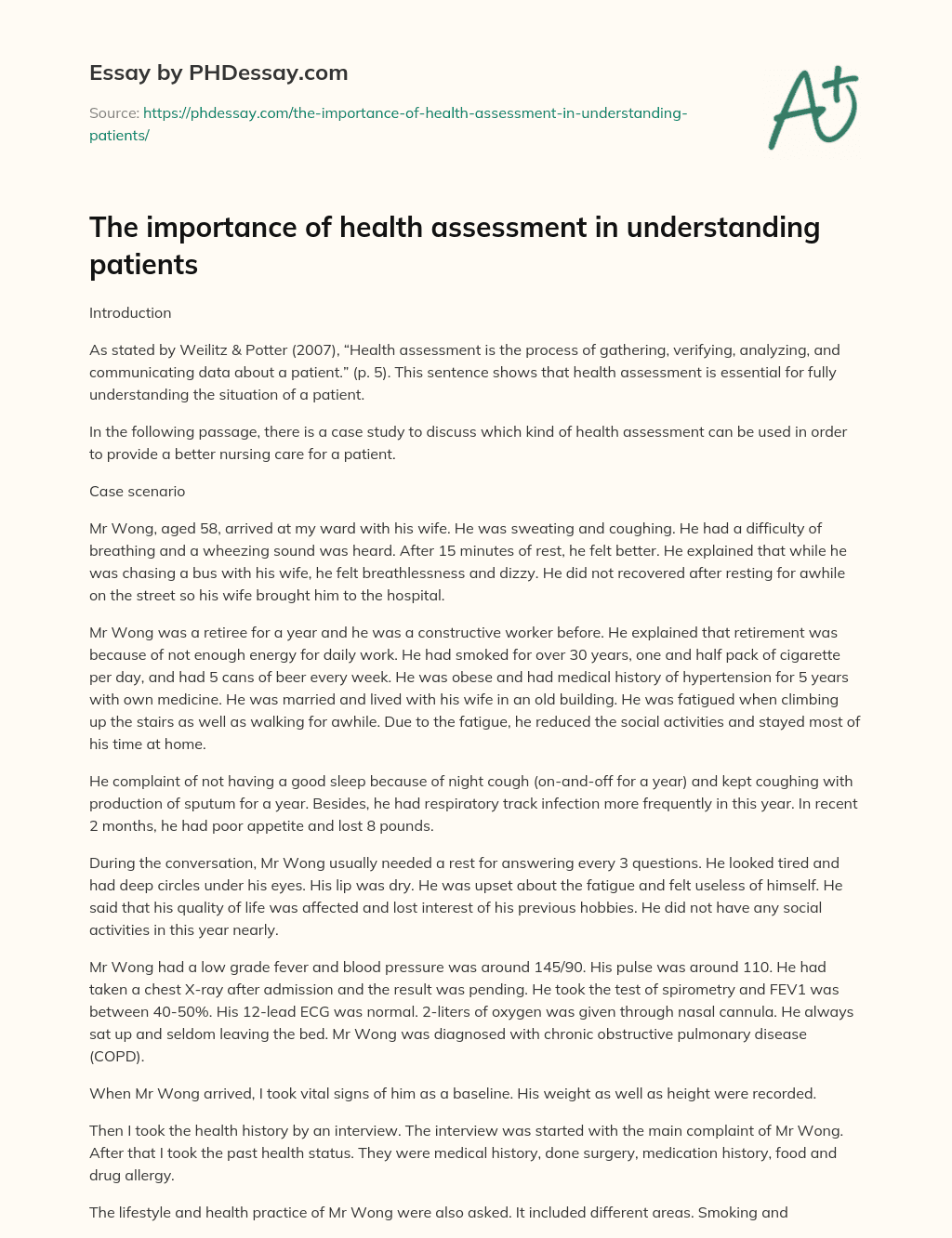 The importance of health assessment in understanding patients essay