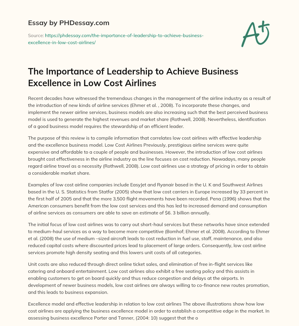 The Importance of Leadership to Achieve Business Excellence in Low Cost Airlines essay