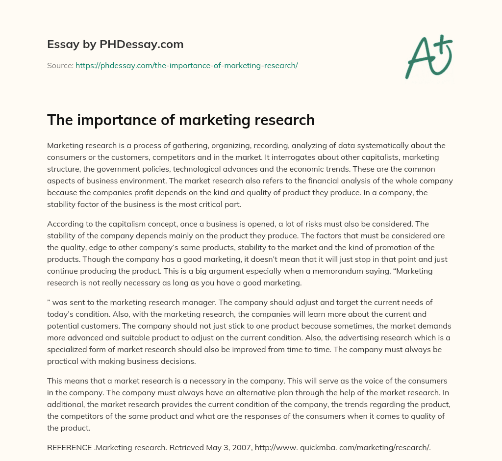 The Importance Of Marketing Research 400 Words PHDessay