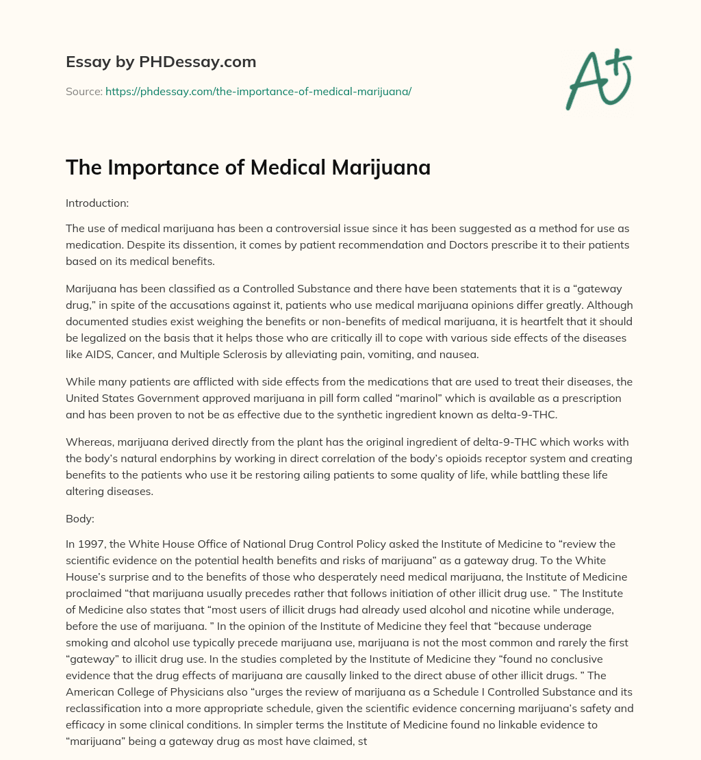 The Importance of Medical Marijuana essay