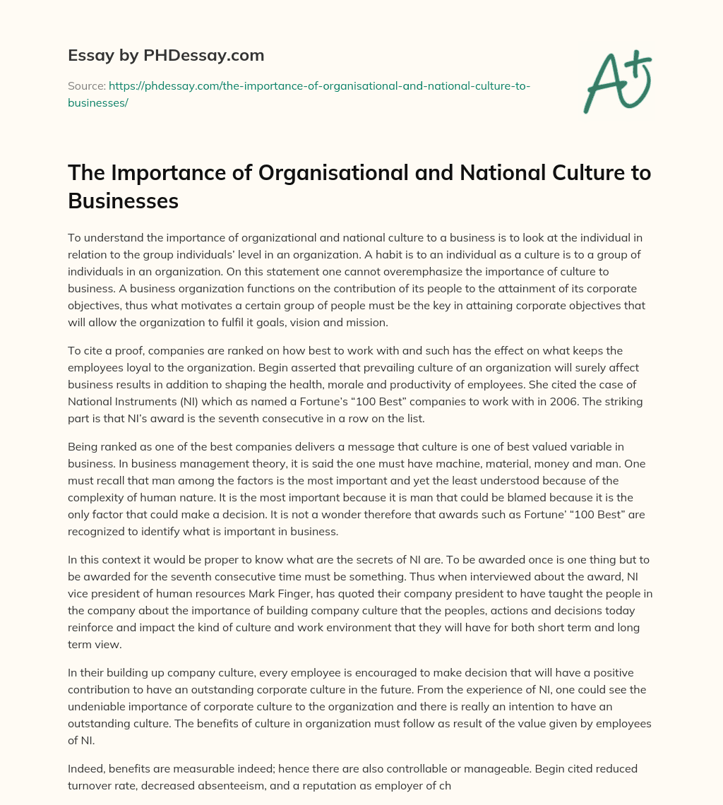 The Importance of Organisational and National Culture to Businesses essay
