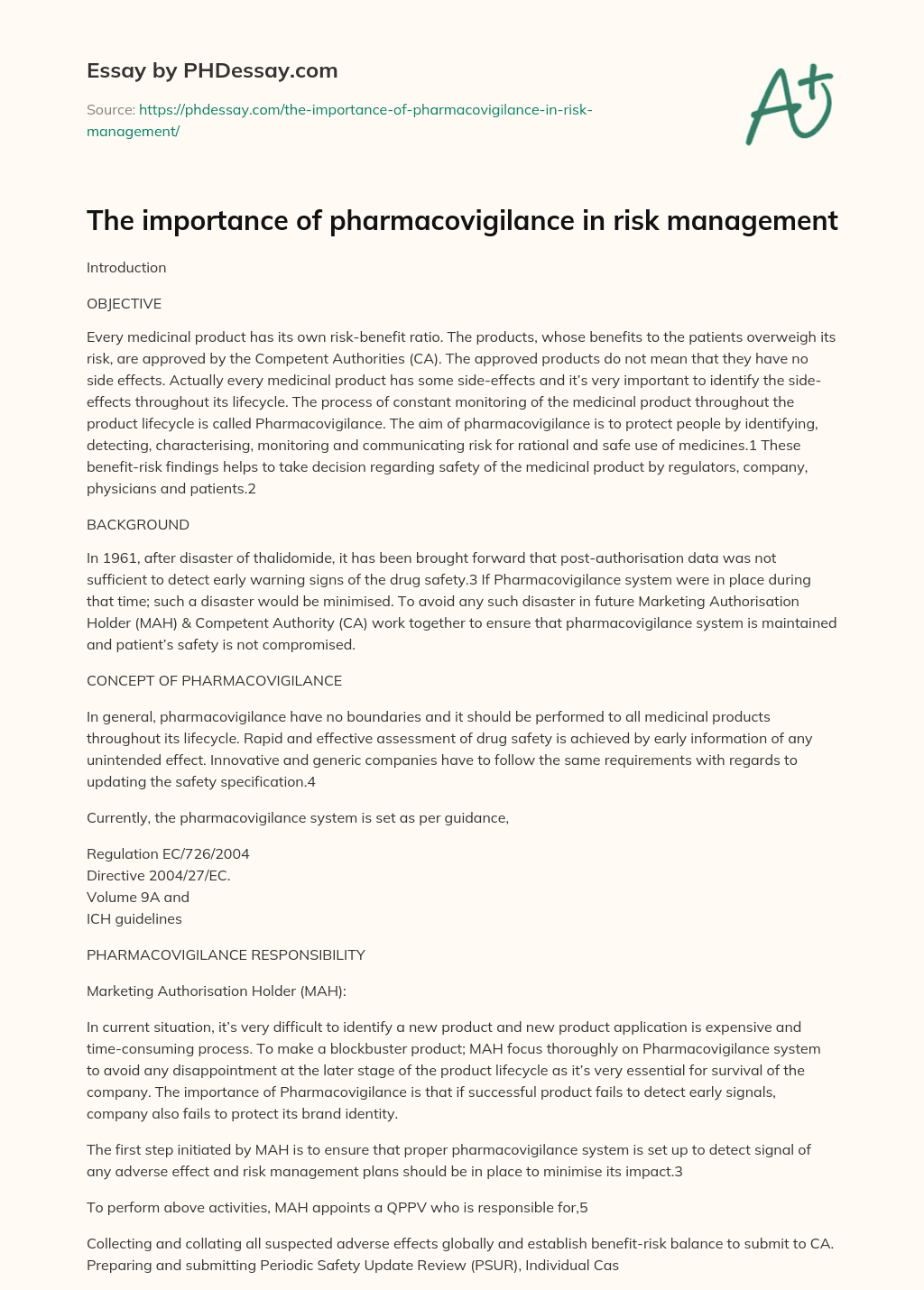 The importance of pharmacovigilance in risk management essay