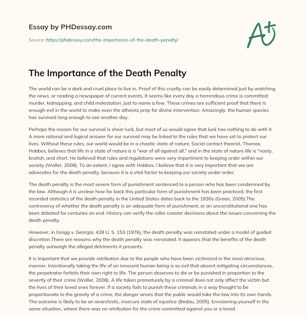 The Importance of the Death Penalty essay