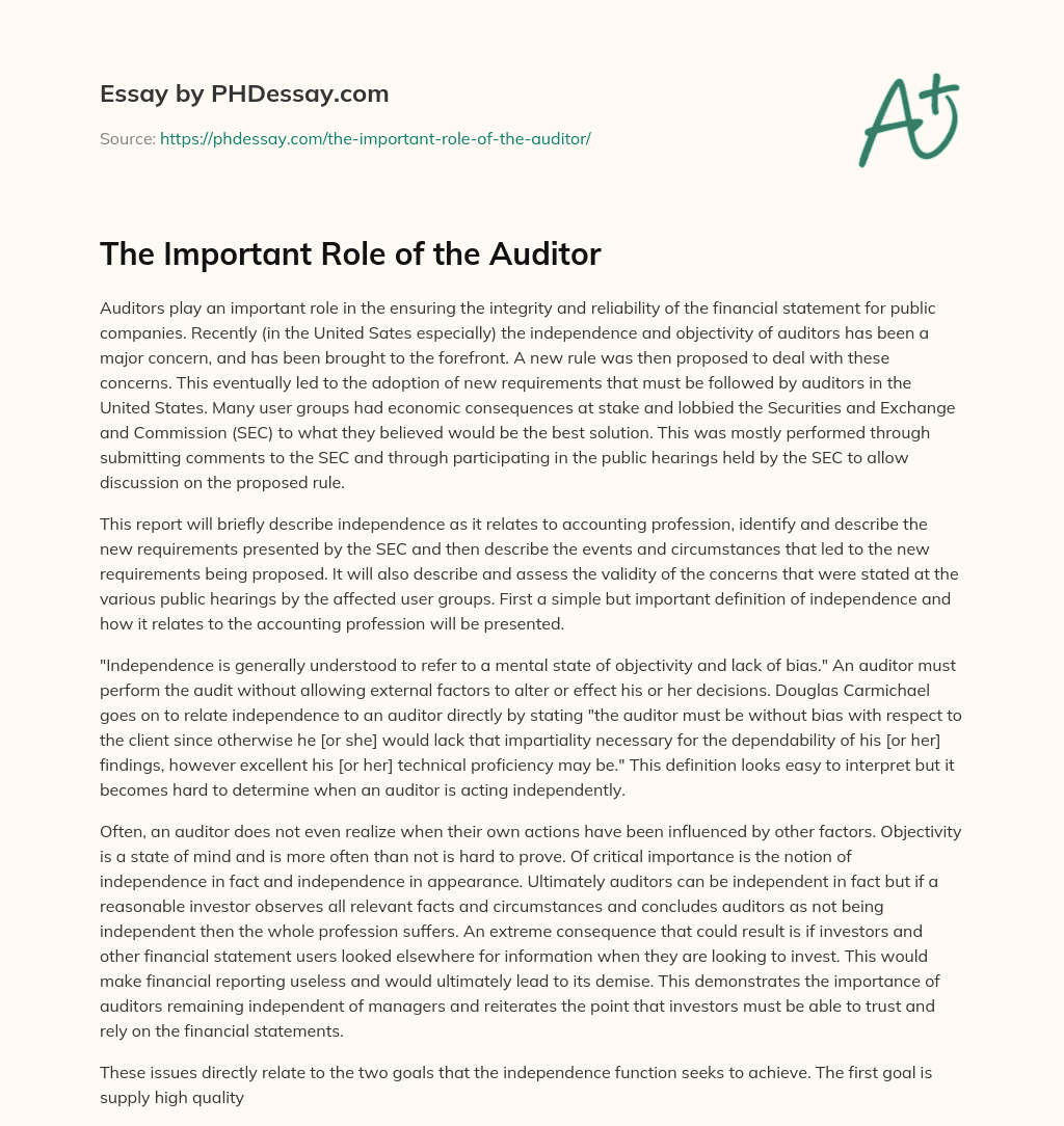The Important Role of the Auditor essay