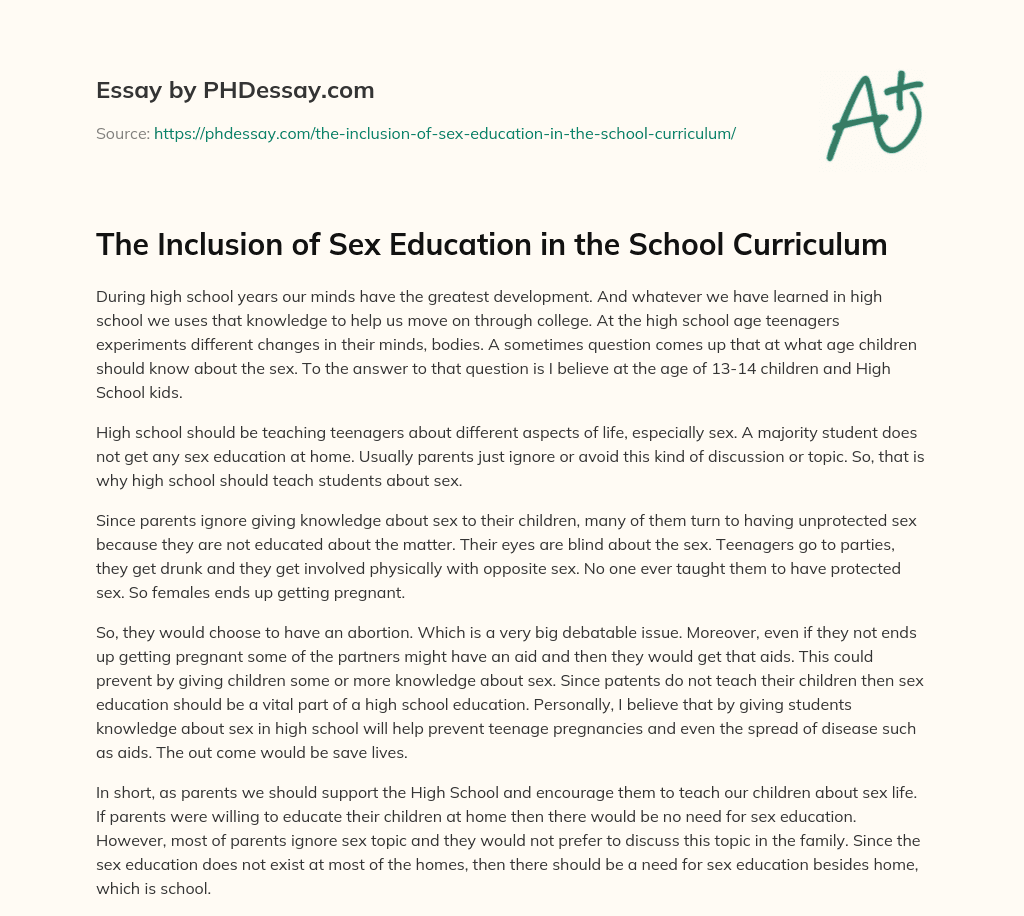 The Inclusion of Sex Education in the School Curriculum essay