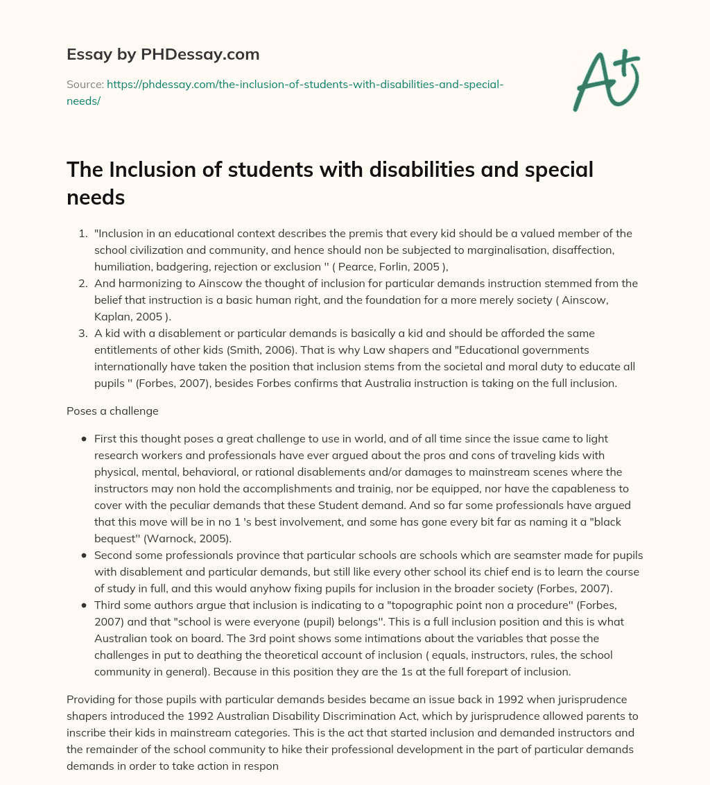 The Inclusion of students with disabilities and special needs essay
