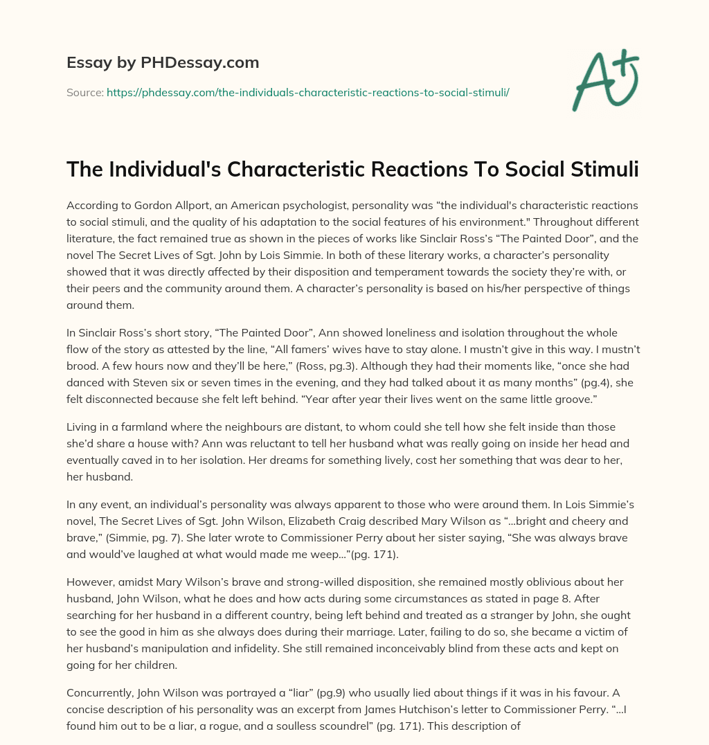 The Individual’s Characteristic Reactions To Social Stimuli essay