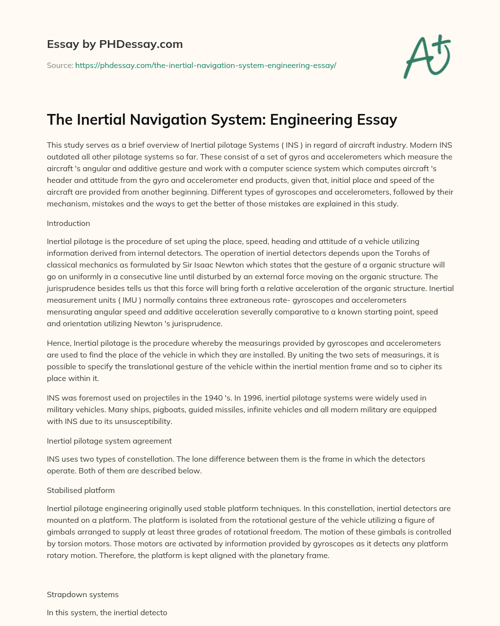 The Inertial Navigation System: Engineering Essay essay