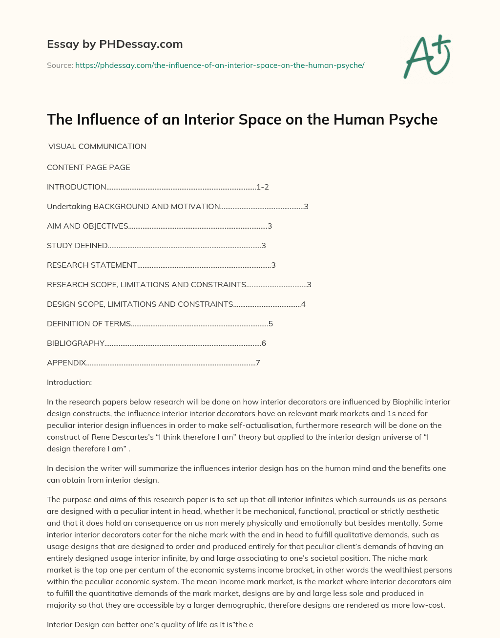 The Influence of an Interior Space on the Human Psyche essay