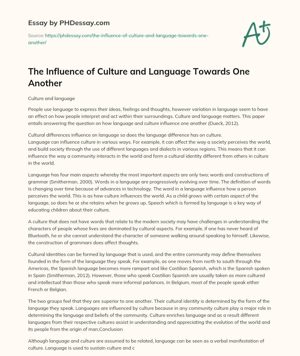 The Influence of Culture and Language Towards One Another essay