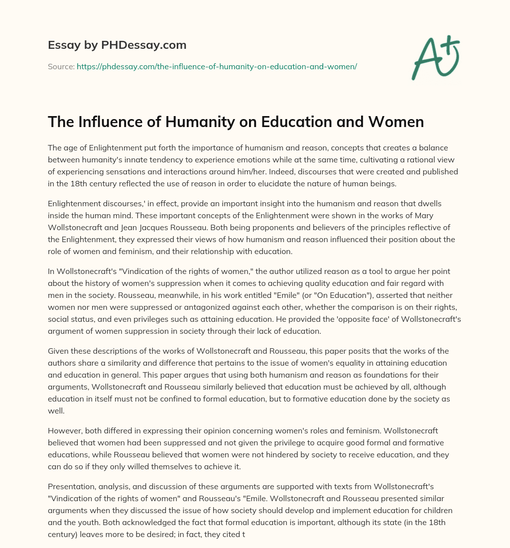 The Influence of Humanity on Education and Women essay