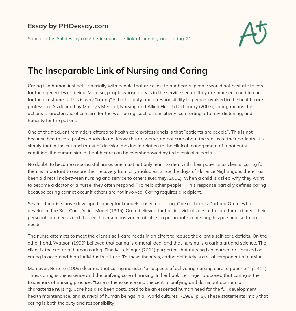 The Inseparable Link of Nursing and Caring essay