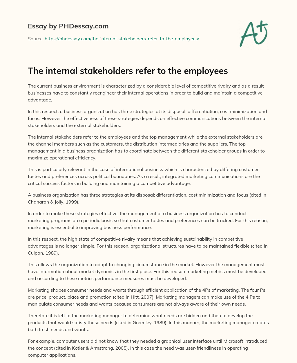 The internal stakeholders refer to the employees essay